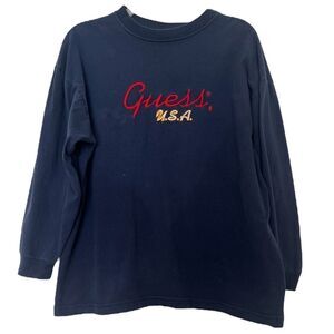GUESS Vintage Long Sleeve Tee Blue Red Gold Logo Embroidered Made in USA Medium